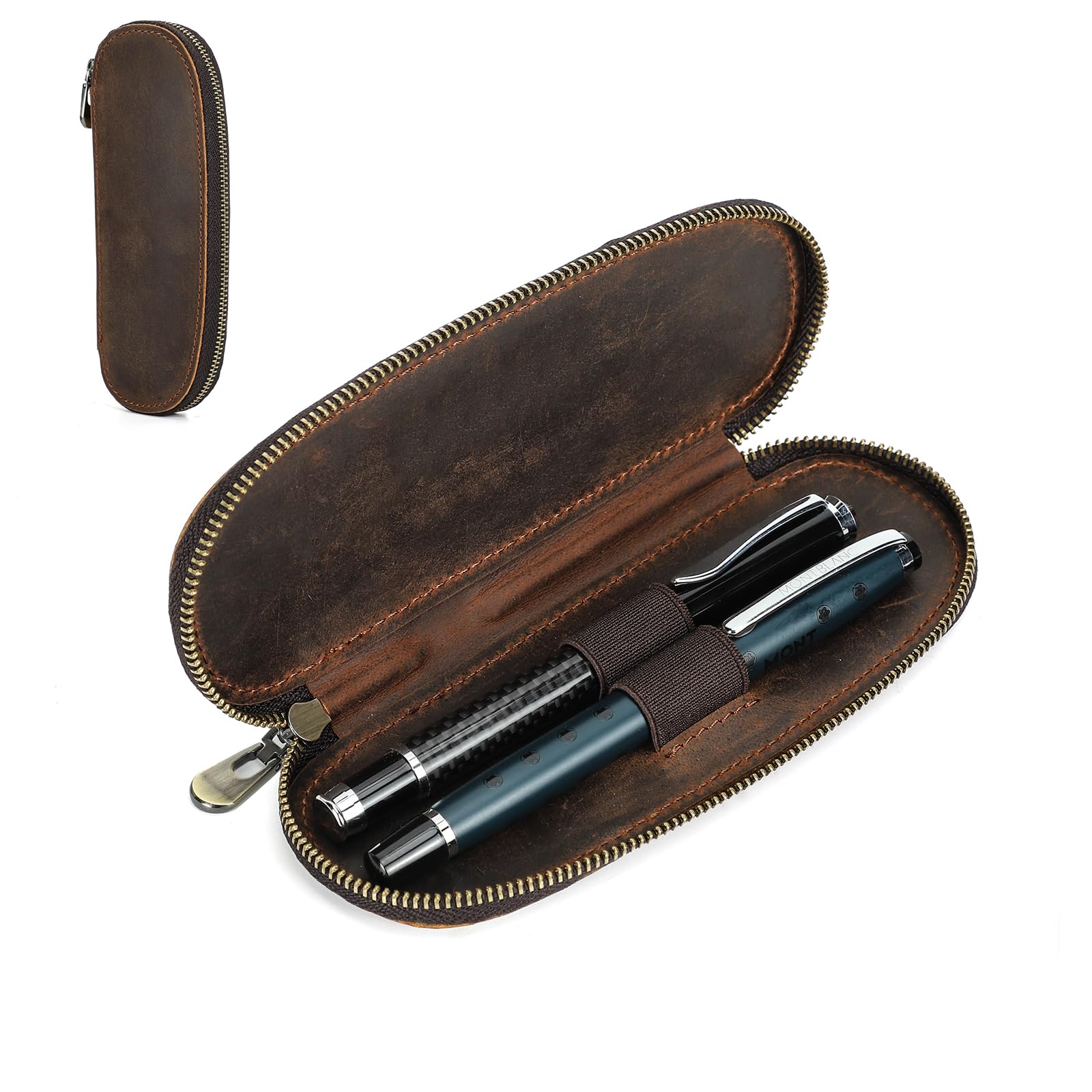 CONTACT'S FAMILY Leather 2 Slots Pen Case, Stationery Pouch for 2 Pens, Oval Leather Fountain Pen Pouch (Coffee)