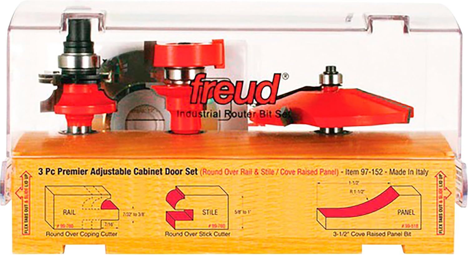 Freud 97-152: 3 Piece Premier Adjustable Cabinet Bit Set, round over & cove profile