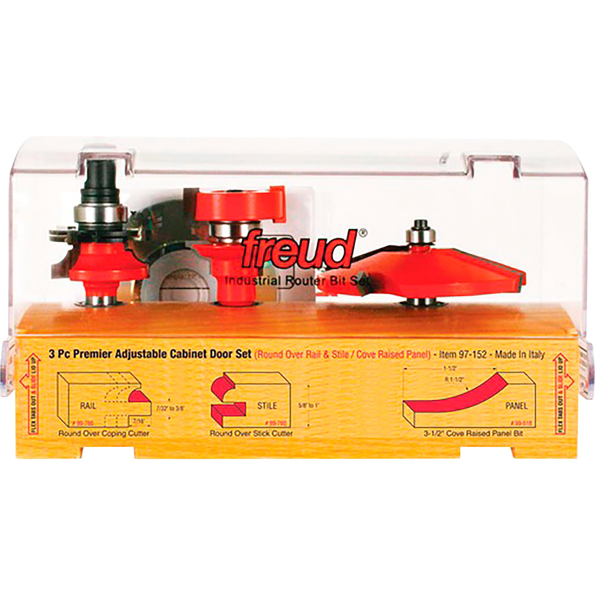 Freud 97-152: 3 Piece Premier Adjustable Cabinet Bit Set, round over & cove profile