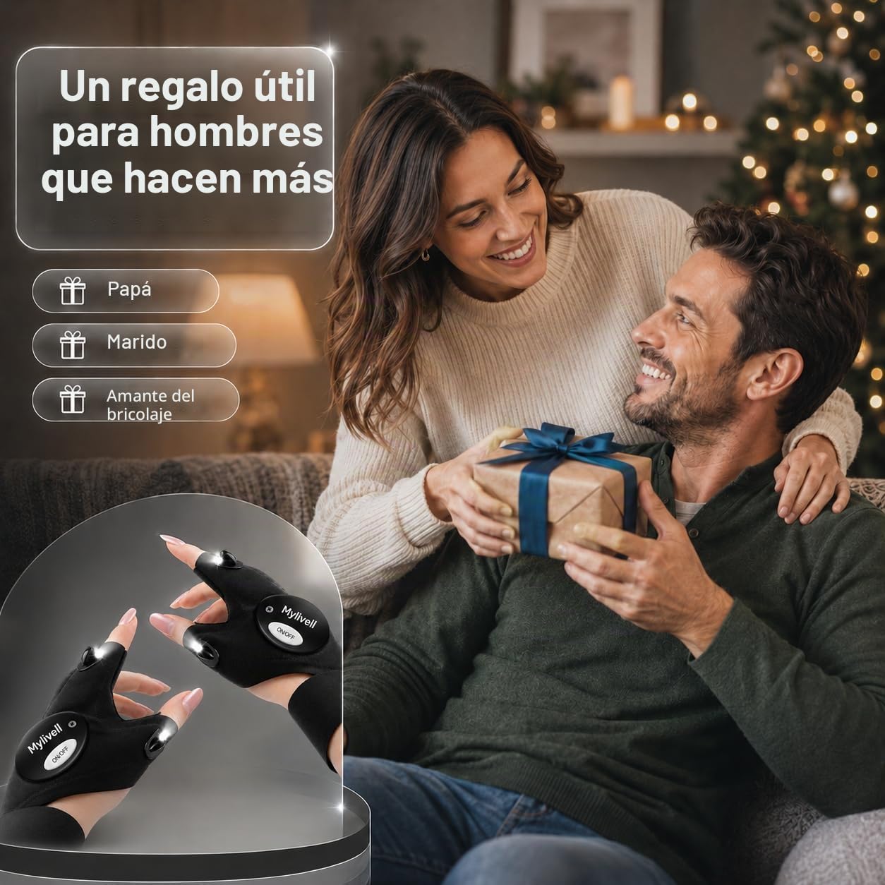 Mylivell Guantes Linterna LED, Regalos Originales para Hombre Manitas, Papá, Bricolaje, Pesca Nocturna, Reparación de Coches, Camping, Caza, Herramienta Luminosa Manos Libres