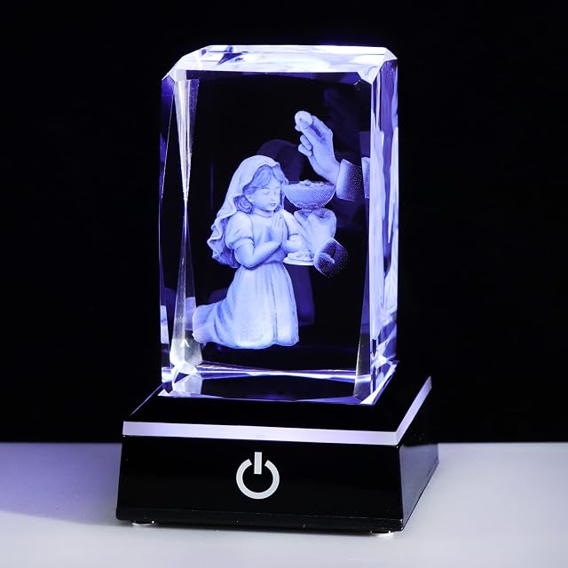 Christening Gifts for Girls 3D Engraving Crystal Praying Girl Figurine First Holy Communion Gifts Keepsake Decorative Ornaments with LED Light Base Baptism Gifts for Girl Catholic