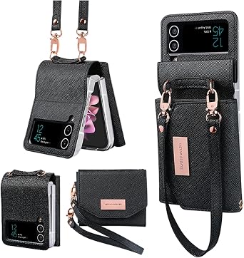 for Samsung Galaxy Z Flip 3 Wallet Case with Built-in Leather Cash Slot and Credit Card Holder. Wristlet Strap and Hinge Protection, Carrying Handbag Phone Case for Women Ladies.Black