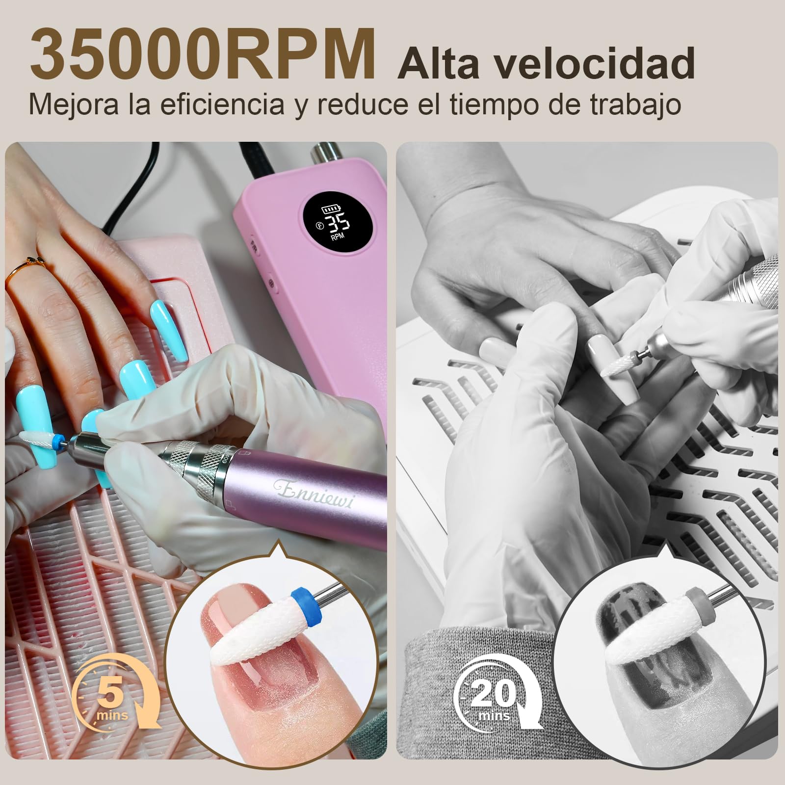 Torno para Uñas 35000RPM para Uñas de Gel, Taladro Eléctrico Recargable con Pantalla LED, Portátil, Bajo Ruido, Kit Profesional para Manicura y Pedicura para Hogar y Salón, 48W, Rosa