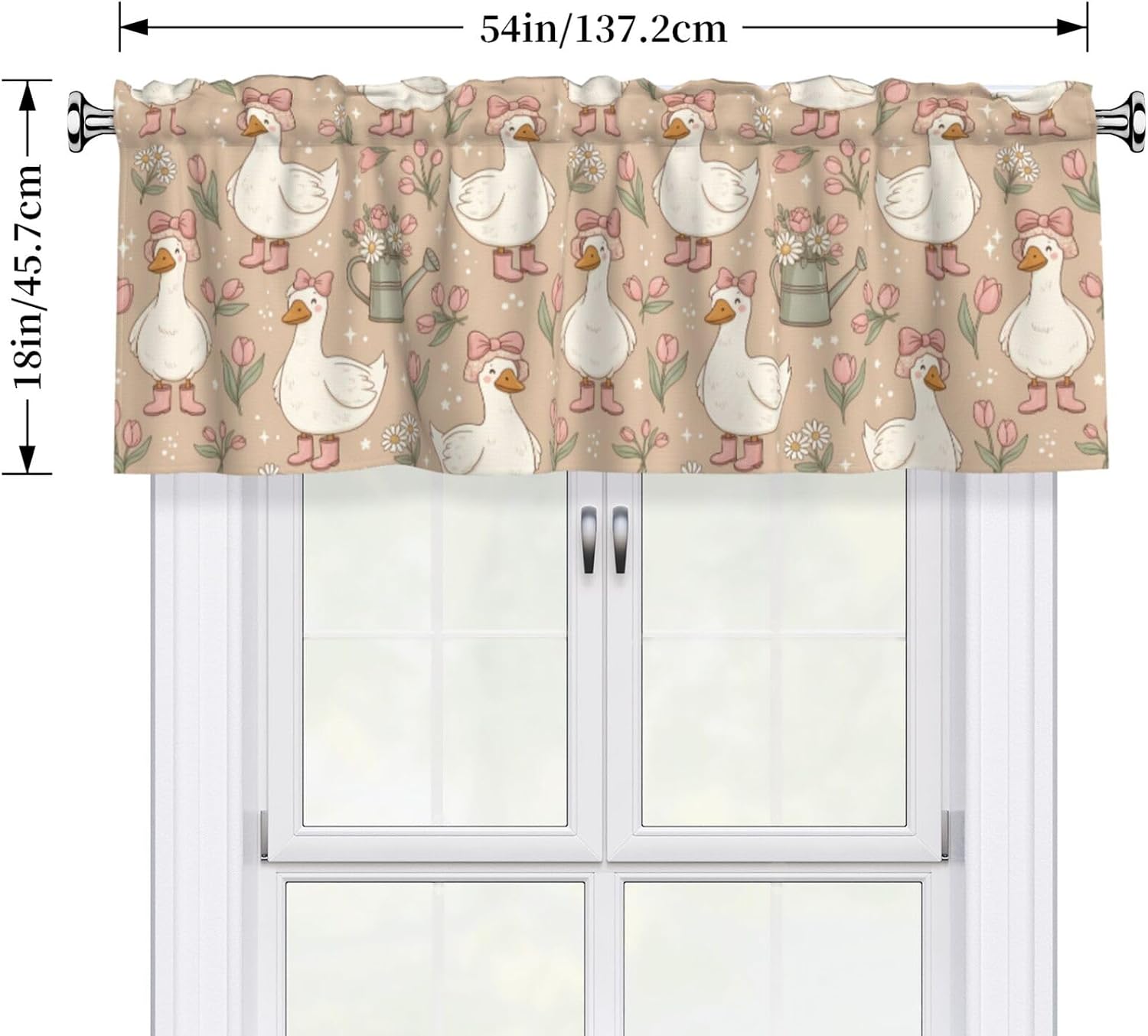Valances for Windows Adorable White Geese Floral Rod Pocket Kitchen Curtain Valances, Light Filtering Short Window Valance Curtains Topper for Bathroom Laundry Room, 54x18 Inch, 1 Panel