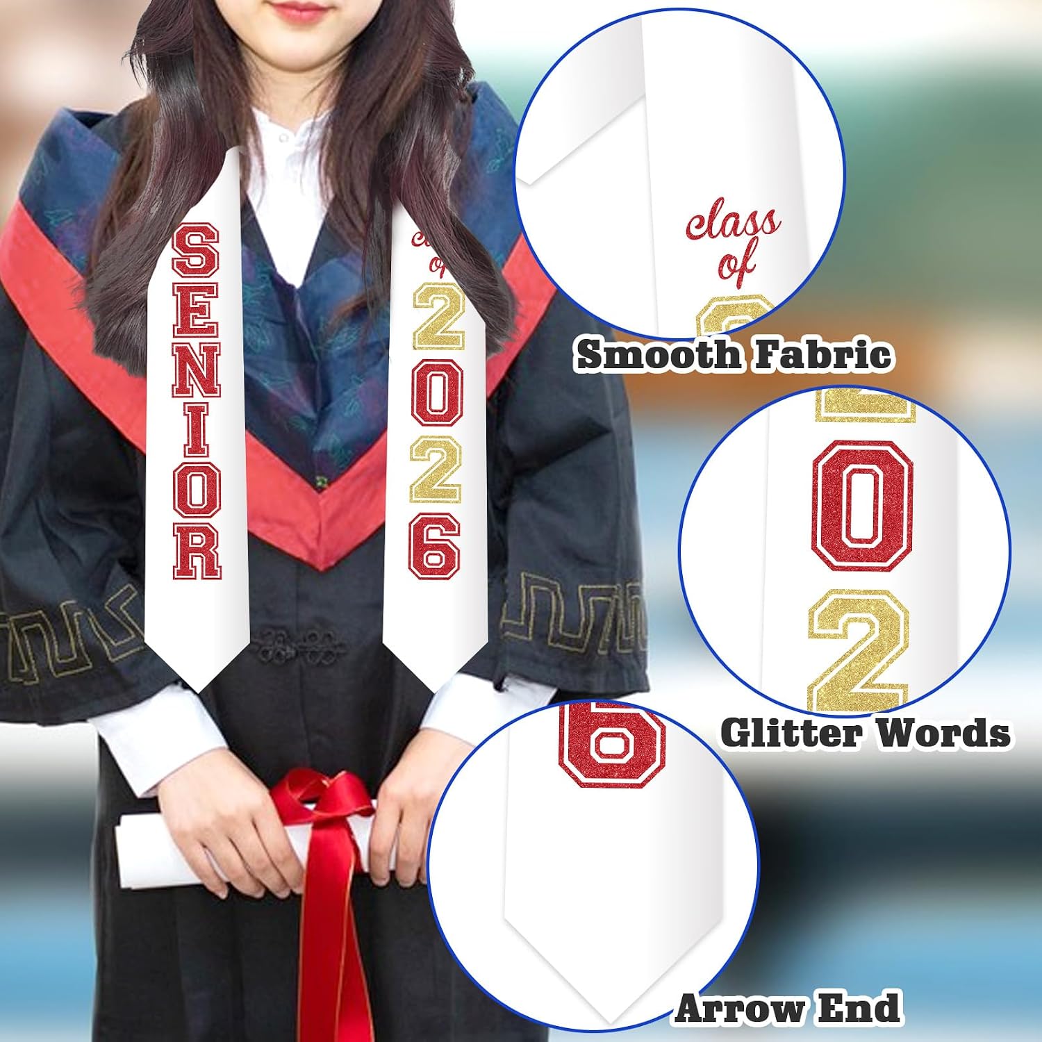 Jollyboom Senior Graduation Stole Class of 2026 Red, Graduation Honor Stole Sash with Glitter Letter Class of 2026 Senior Night Graduation Accessory Gift for Graduation Ceremony Congrats Grad Party
