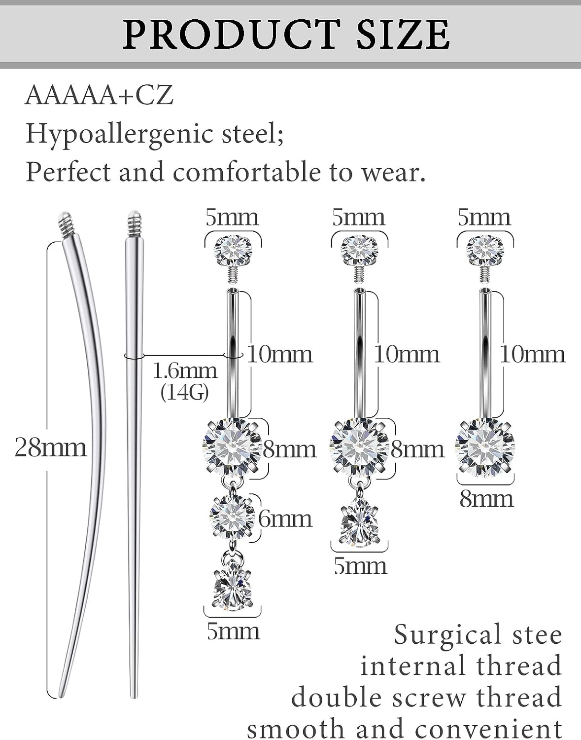 Internally Threaded Belly Button Rings Surgical Stee, Extra-Long & Short Simple Belly Rings, 14G Belly Piercing Jewelry,Navel Piercing Jewelry for Women Men 10mm 12mm 14mm 16mm - Image 3