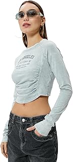 تيشرت قصير بأكمام طويلة للنساء من كوتون