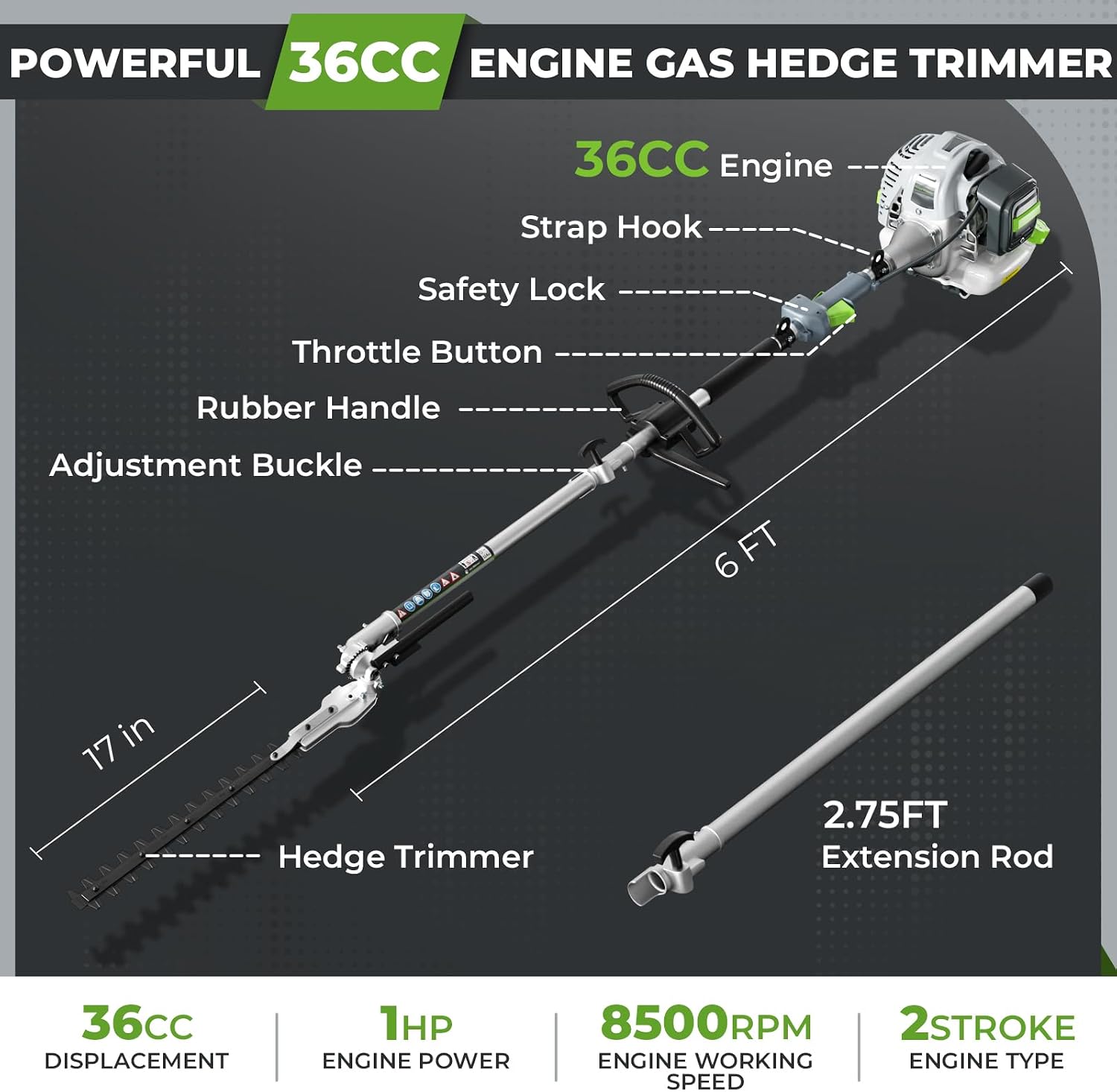 36CC Gas Hedge Trimmer, 2-Stroke Pole Hedge Trimmer with 27.5Inch Cutter Bar, Double Reciprocating Blades, 270° Rotatable Cutting Head, Hedge Trimmer Gas Powered for Bushes, Hedges and Garden Trimming