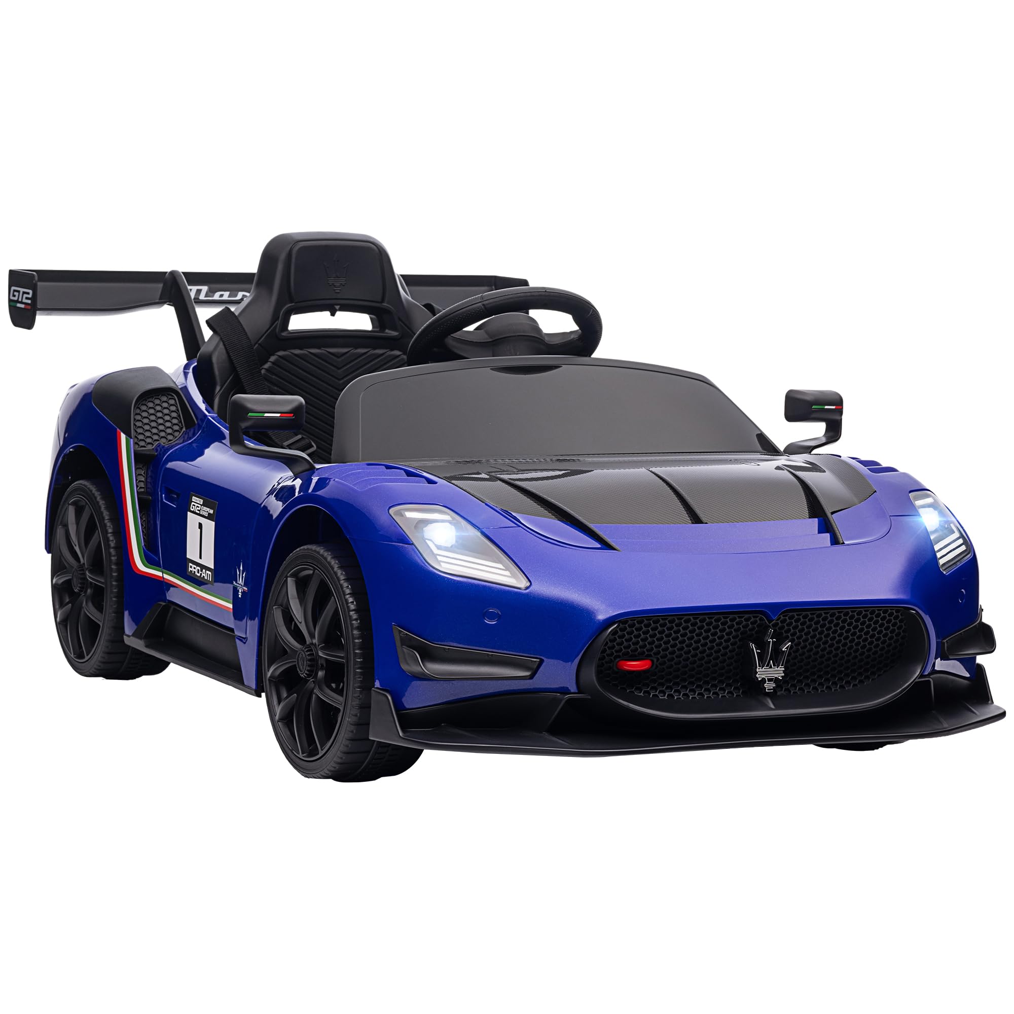 AIYAPLAY Kinder Elektroauto Maserati GT2 12V Doppelmotor 3-5 Jahre Blau | 2,4GHz Fernbedienung, Musik, Hupe, 4 Stoßdämpfende Räder, Lichten, Stützräder, 3-5 km/h, Elektro Kinderauto