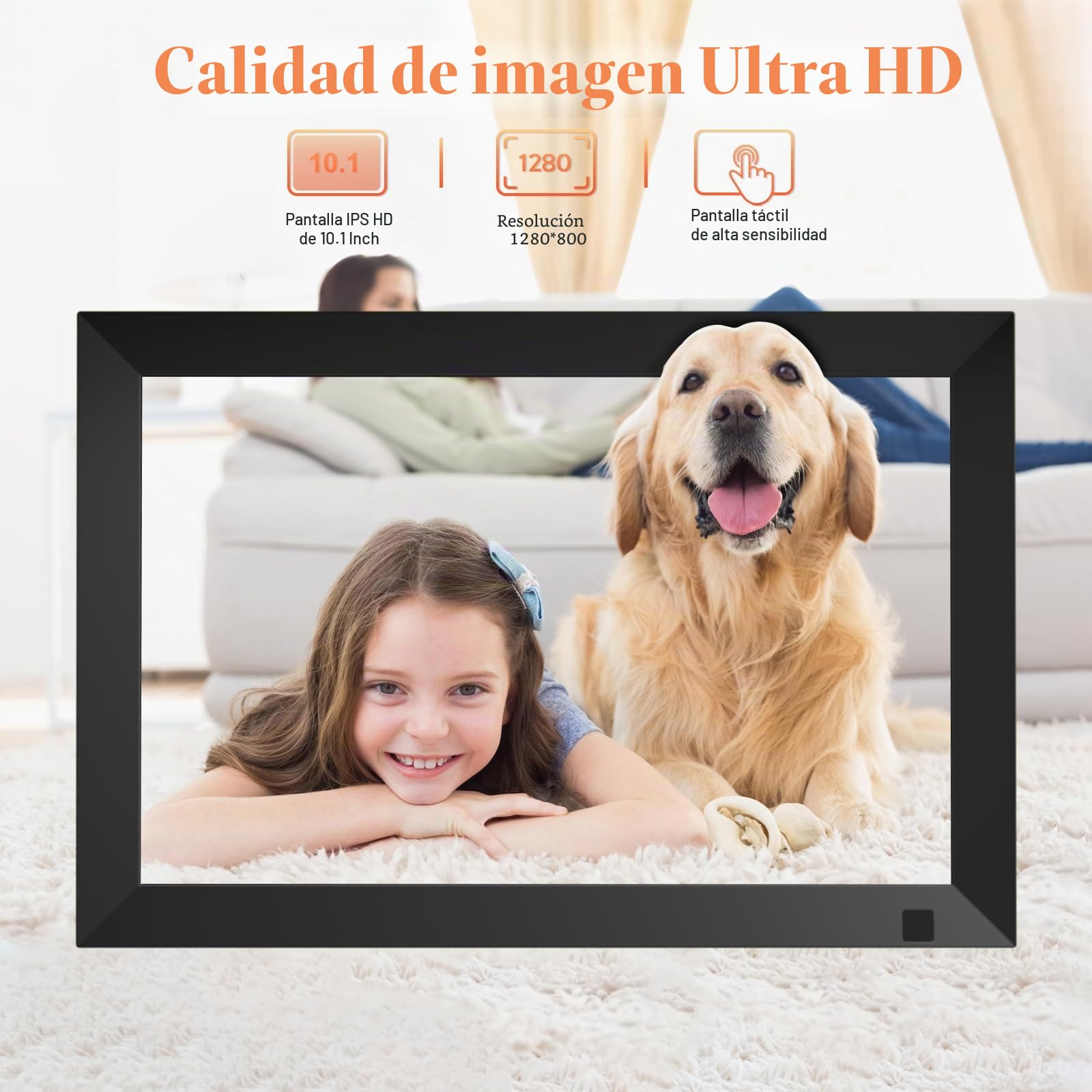 Marco de Fotos Digital WiFi de 10,1 Pulgadas, Memoria Incorporada 64GB, Pantalla Táctil IPS LCD de 1280x800, Funciones de Rotación Automática y Audio, Compartir Fotos y Videos a Distancia