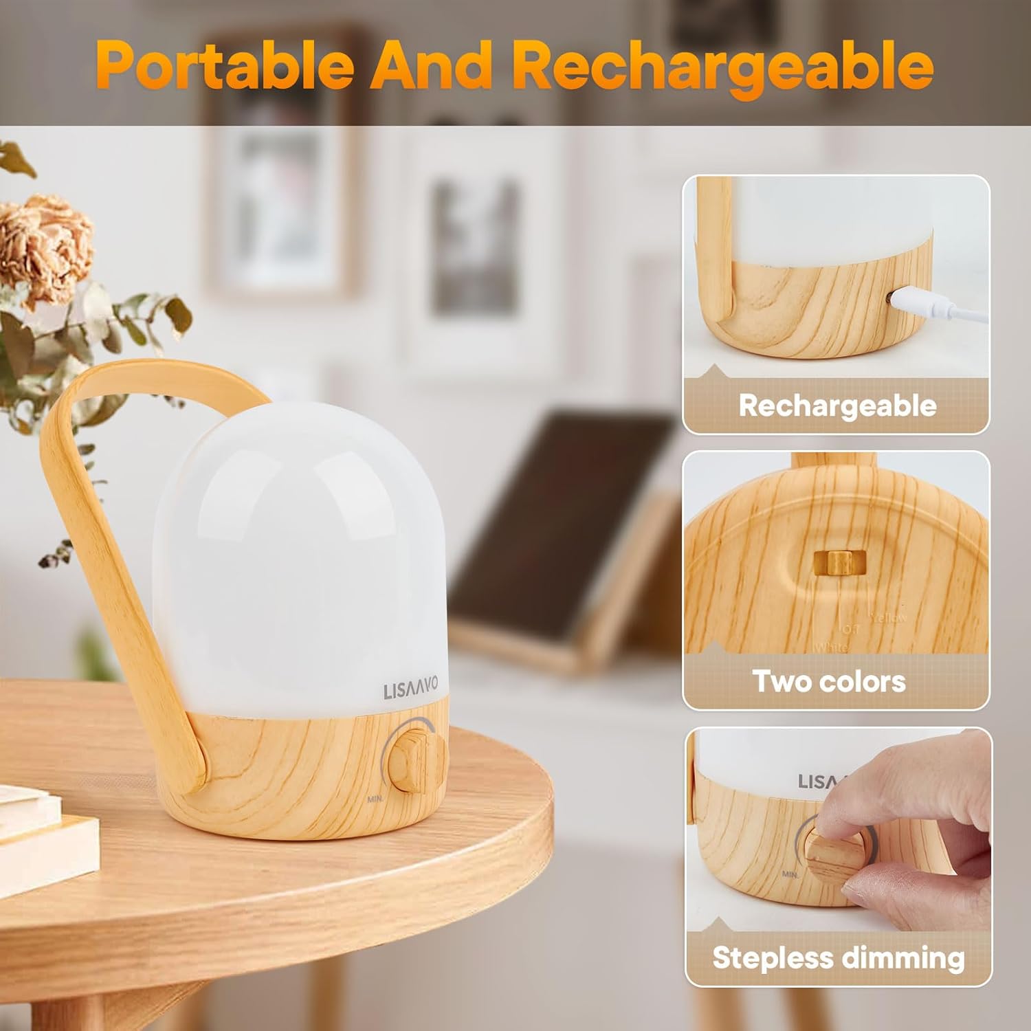 Night Light - Dimmable Touch Lamp with 5 Brightness Colors, with Portable Handle, Type-C Rechargeable with Battery, for Bedroom/Side Table (Wood Bottom)