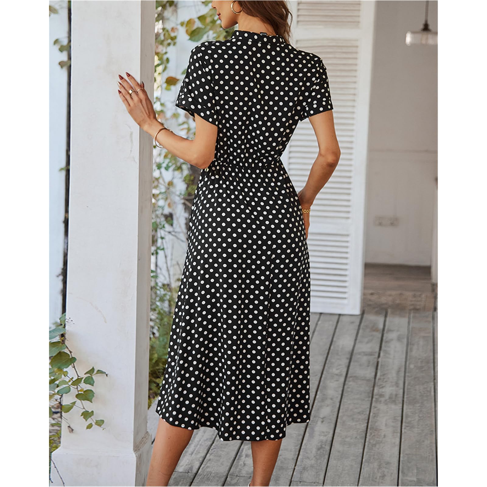 Abito Estivo Delle Donne Casual Lapel Dress Button Down Shirt Dress Swing Dress Polka Dot Vintage Abiti, HUTALIM, Blu, l
