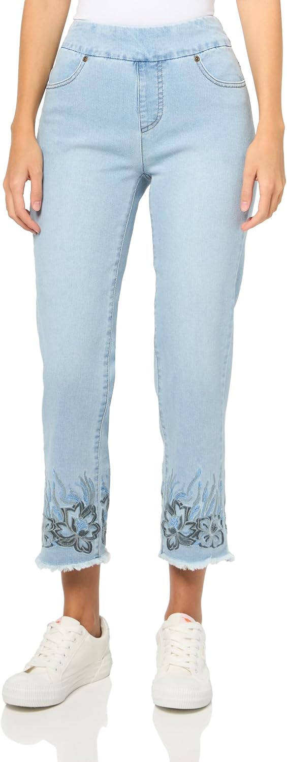 Pull On Ankle Jean Pant with Real Front and Back Pockets and Hem Embroidery