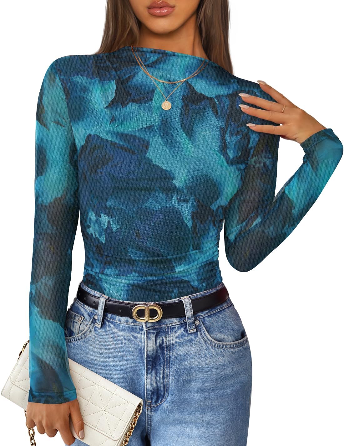 ZESICA Floral Long Sleeve Tops for Women Spring Mesh Mock Neck Ruched Fitted Shirts Going Out Blouses Trendy Clothes