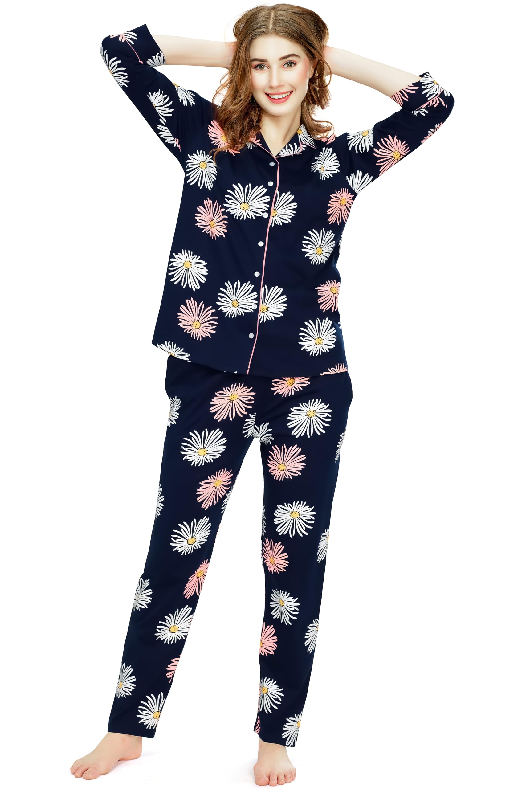 zeyo Night Suit for Women's Floral Printed Cotton Night Dress of Shirt and Pajama Set 5766-picture-46