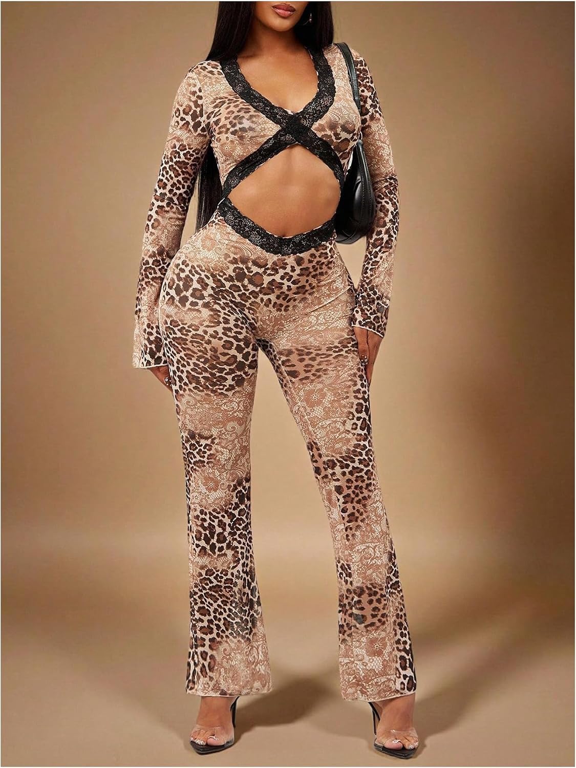 SweatyRocks Women's Leopard Print One Piece Jumpsuits Long Sleeve Sexy Cut Out Bodycon Rompers Bodysuit