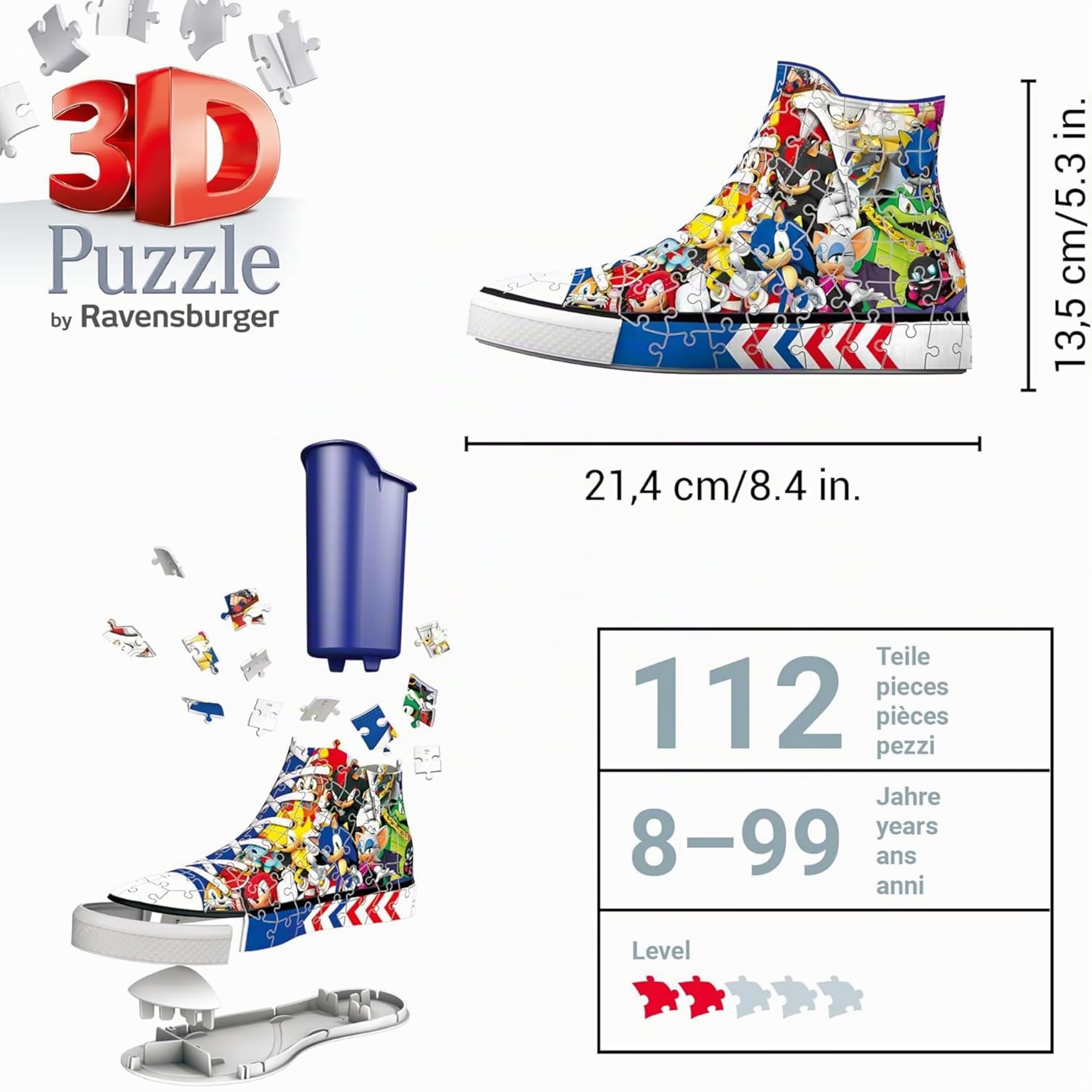 Ravensburger - Puzzle 3d Portapenne Sneaker Sonic | Puzzle 3d Bambini A Partire Dagli 8 Anni | Modellismo Da Costruire Bambini Di 108 Pezzi | Regalo Bambino 8 Anni E Più