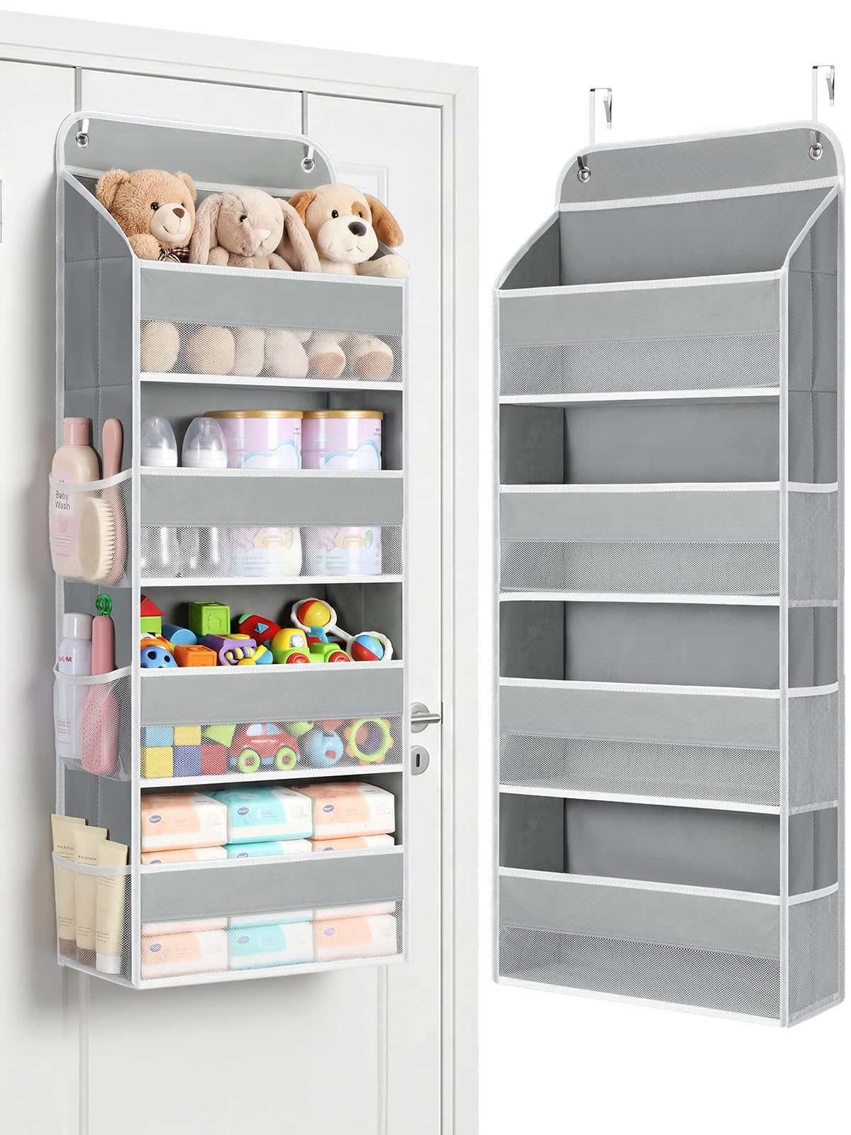Yecaye Over the Door Organizer, Stuffed Animal Storage, Bathroom Organizers and Storage for Nursery Newborn Baby Essentials Stuff Dorm Room, Widen by 7cm, Deepen by 3cm, Grey 4 Tier Extra-Large