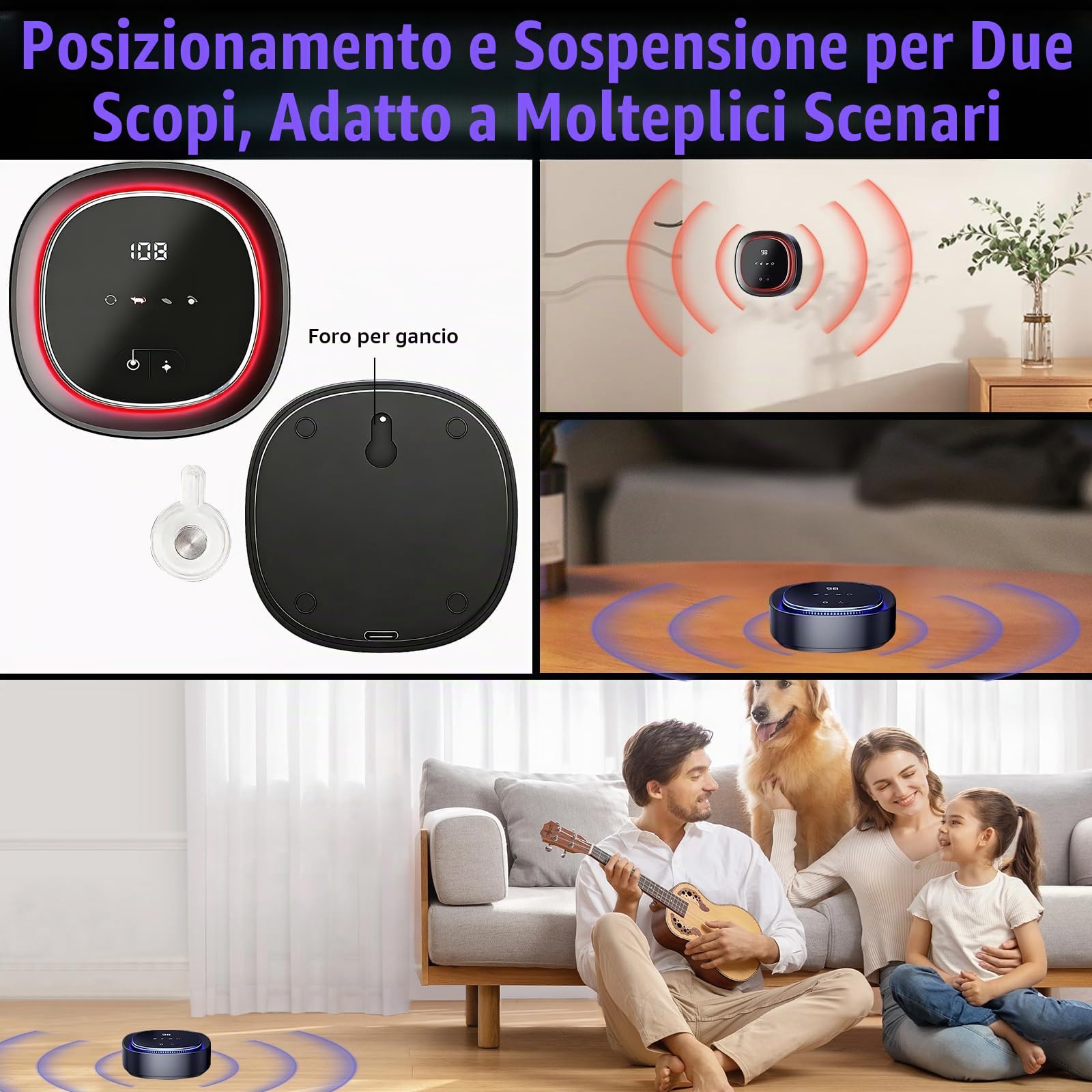 Ultrasuoni per Topi, 360° Repellente per Ratti da Esterno e da Interno con Luce LED, 3 modalità di Lavoro, Ricaricabile da 2000 mAh, Senza Fili Dissuasore per Topi, Zanzare, Uccelli