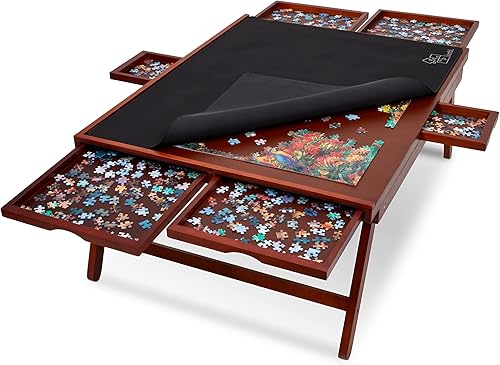 Jumbl Estante para tablero de rompecabezas de 1500 piezas con paspartú, mesa de rompecabezas de madera de 27 x 35 pulgadas con 6 cajones de