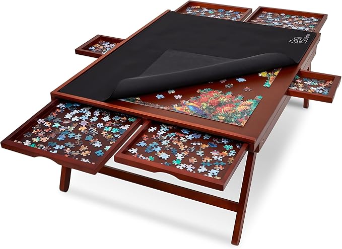 Jumbl 1500-Piece Puzzle Board Rack w/Cover | 27” x 35” Jigsaw Puzzle Table w/Legs 6 Removable Storage Sorting Drawers | Smooth Plateau Fiberboard Work Surface & Reinforced Hardwood | Games & Puzzles