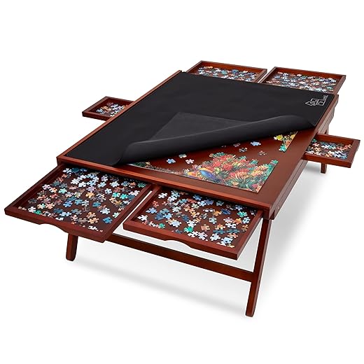 Jumbl 1500-Piece Puzzle Board Rack w/Cover | 27” x 35” Jigsaw Puzzle Table w/Legs 6 Removable Storage Sorting Drawers | Smooth Plateau Fiberboard Work Surface & Reinforced Hardwood | Games & Puzzles