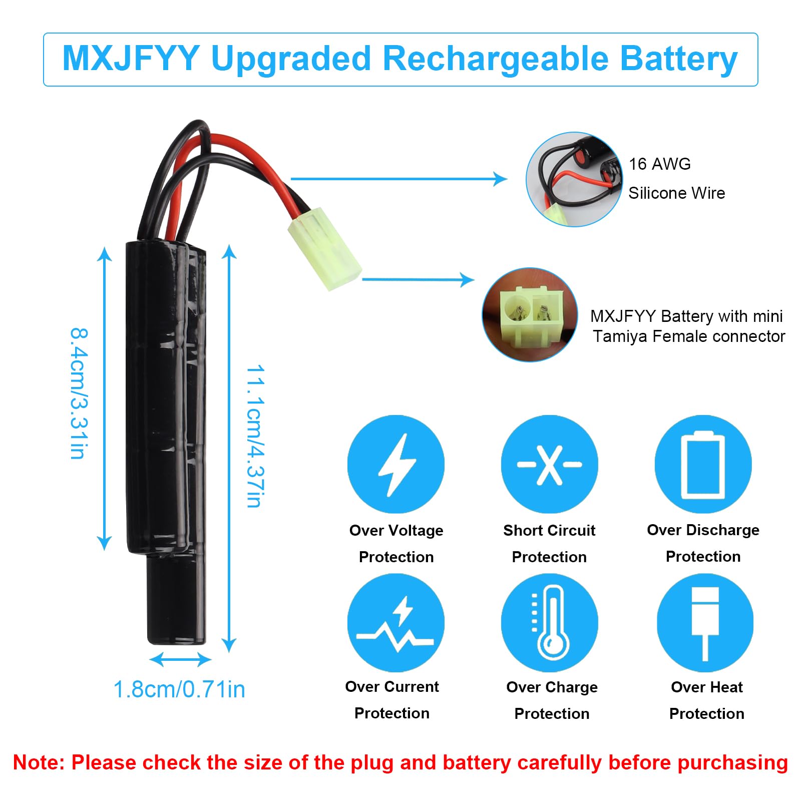 Lot de 2 Batteries Rechargeables Airsoft 8,4 V 1 600 mAh, NiMH Nunchuck compatibles avec Airsoft M4, G36, Pistolet Airsoft, Carabine à air comprimé ICS CA TM SRC JG G36 G
