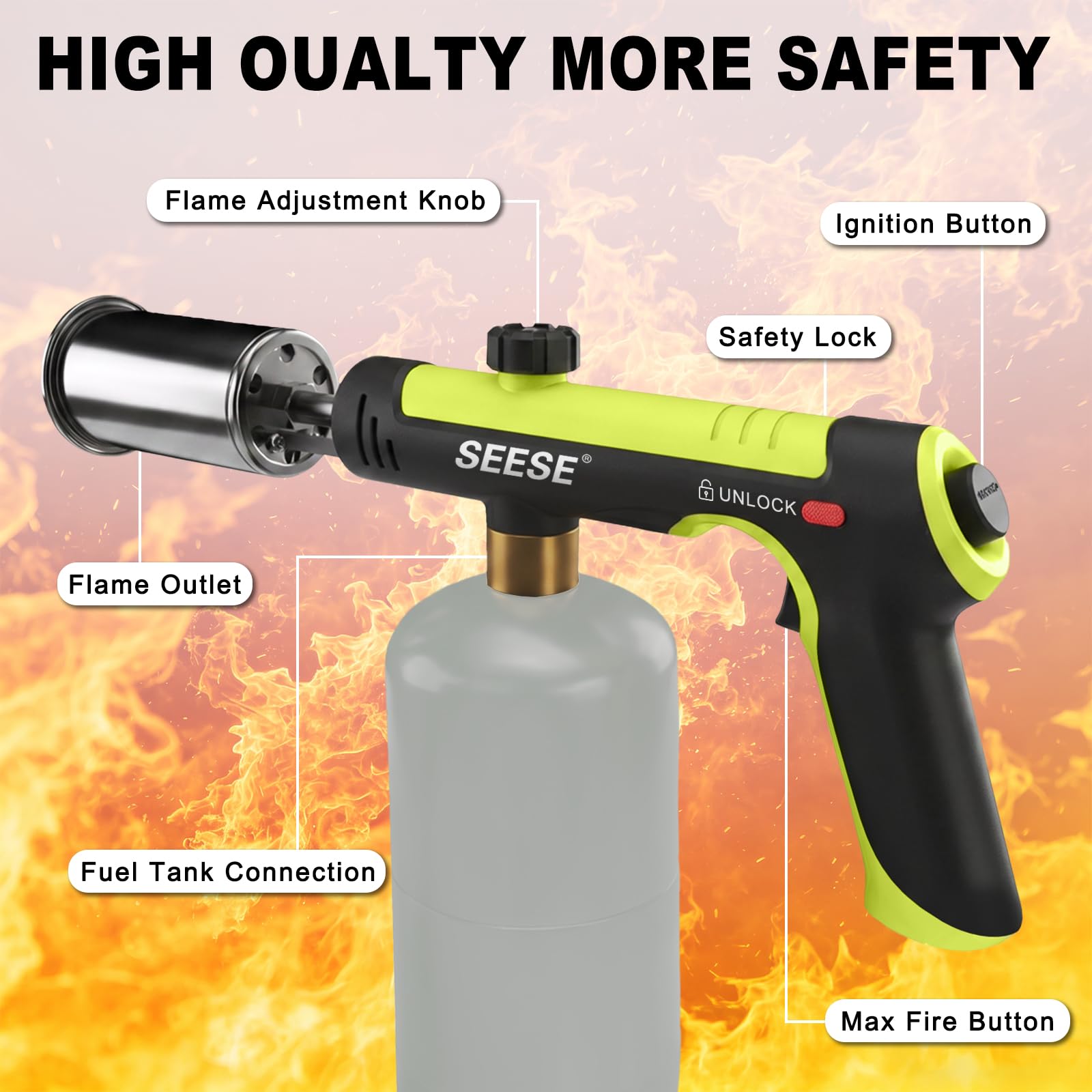 SEESE Torche puissante au propane, torche de cuisine avec feu maxi à une touche, allume-charbon avec verrou de sécurité, torche réglable pour sous vide, barbecue, feu de camp, cheminée (réservoir non