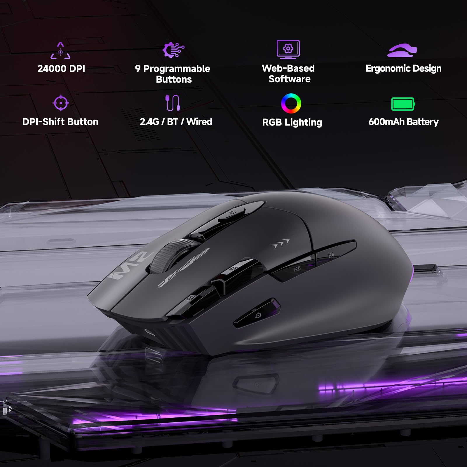 TMKB M2 Gaming Maus Kabellos, PAW3311 24000 DPI Wireless Gaming Mouse, 600mAh Lange Akkulaufzeit, Tri-Mode BT/2.4G/USB-C, 80M Klicks, 9 Programmierbare Tasten, RGB Leichte PC Maus für Gamer Laptop Mac