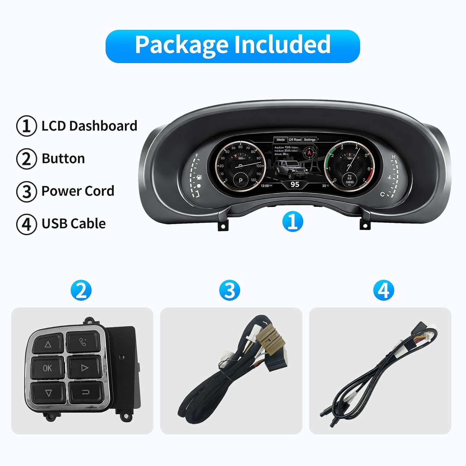 Digital Instrument Cluster Display for Jeep Wrangler JK 2007-2010 Speedometer Upgraded 12.3”HD Screen Car Digital Cluster Plug & Play Non-Destructive Install Retain Factory Vehicle Functions