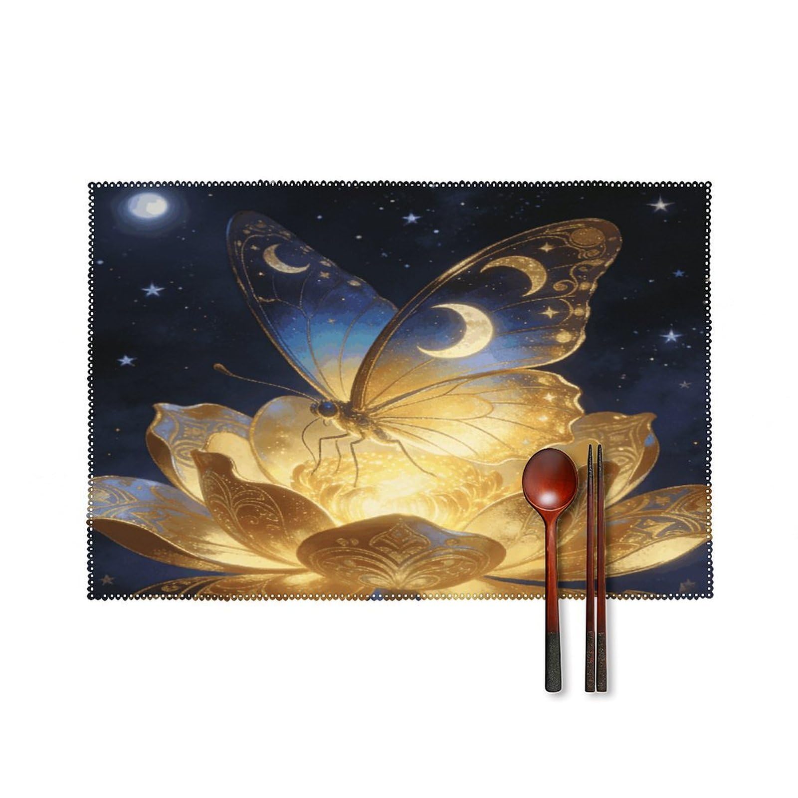 Khauerbc Style Golden Retro Fantasy Starry Moon Butterfly Placemats Set Of 6,Decorating The Dining Table，Canvas Washable Table Mats，Wipe Clean Anti Slip Dining Table Place Mats For Party Kitchen Dining Decoration