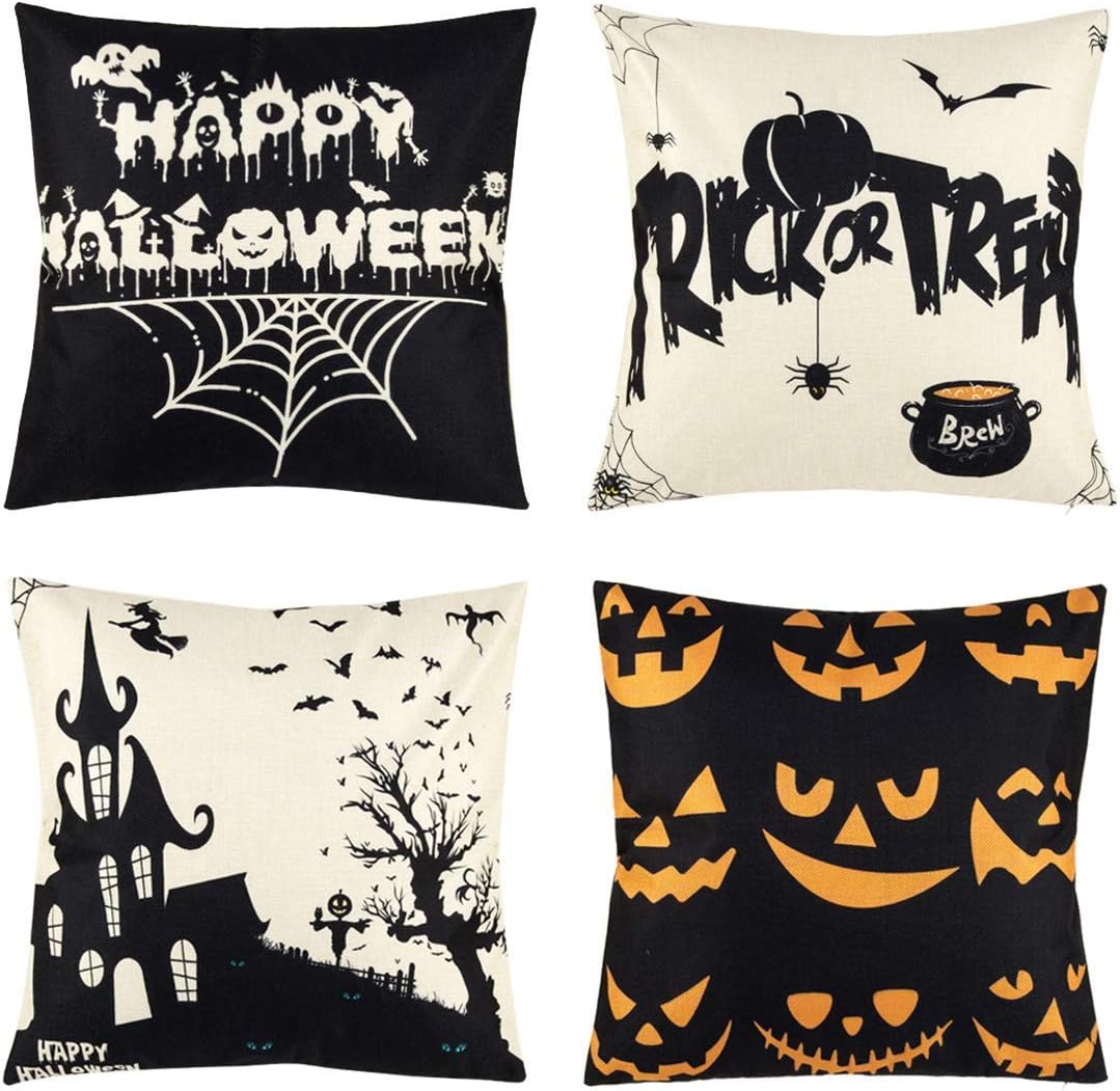 Set of 4 Happy Halloween Black and White Throw Pillow Covers Pumpkin Pillow Case Spider Web Witch Pillow Cushion Cover Decorative for Halloween Home Car Sofa Bed Couch, 18 x 18 Inch