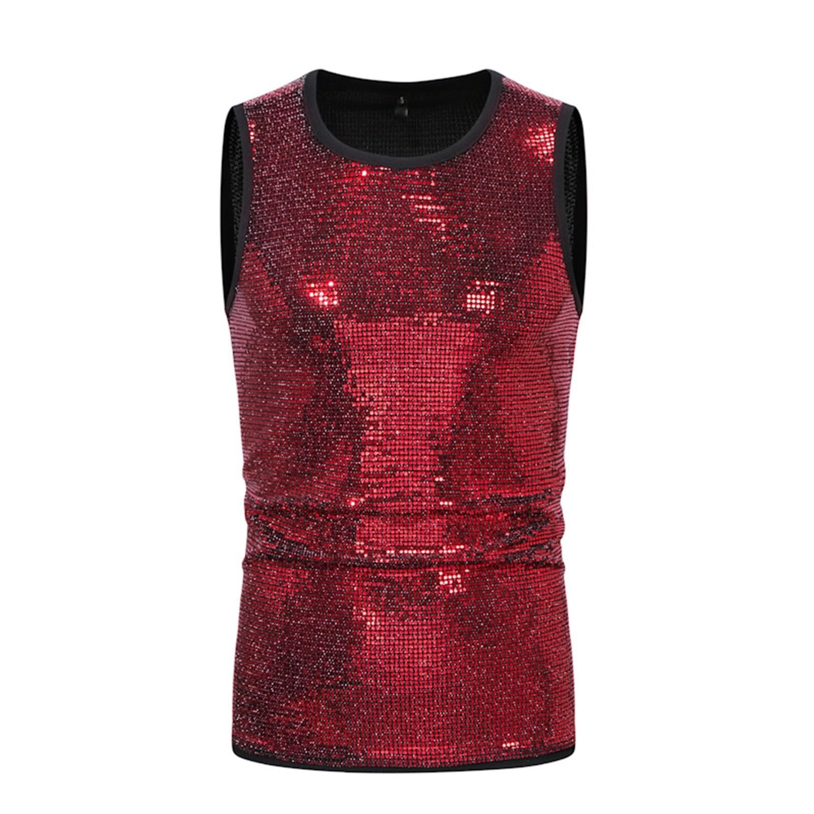 Herren-Tanktop mit Pailletten, ärmellos, glänzend, metallisch, Rundhalsausschnitt, glitzernde Westen, Disco-Party, Pailletten, schmale Passform, Glitzer-Tanktops für Nachtclub, Rave, Party,