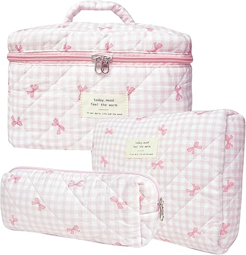 Miniatura 7 de Everfunny Juego de 3 bolsas de maquillaje acolchadas de algodón, bolsa de cosméticos de algodón floral, bolsa organizadora de viaje para mujeres y