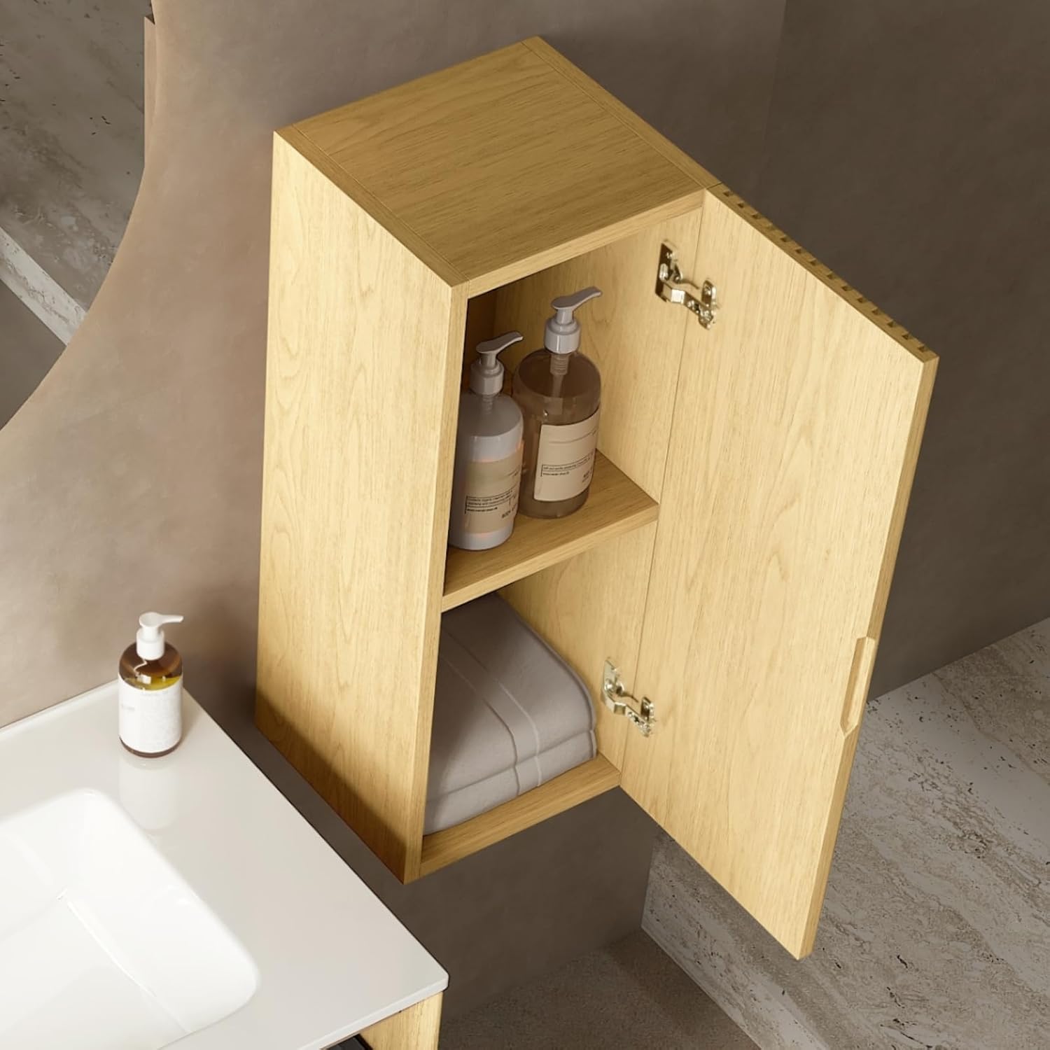 12" Wall-Mounted Cabinet for Bathroom Storage, Striped Bathroom Vanity Side Cabinet with a Door and a Shelf, Corolla Oak
