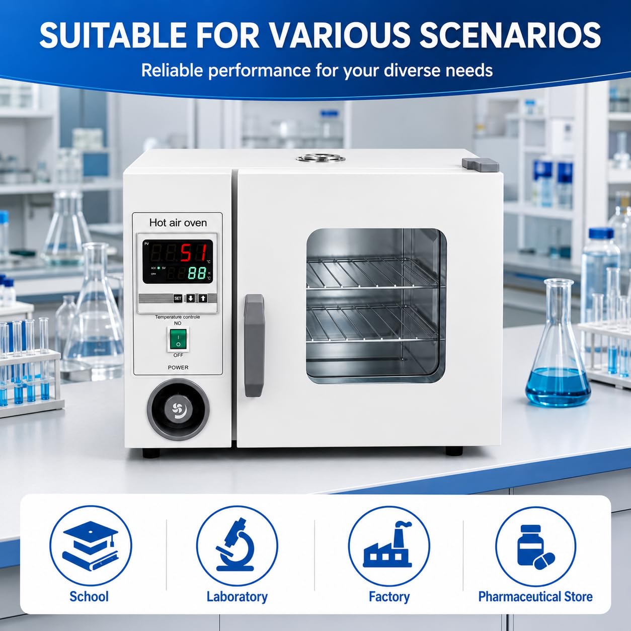 Horno de secado digital de laboratorio de 15 L, 250 °C con control de temporizador | Cámara de acero inoxidable, circulación de aire forzado y alarma de sobretemperatura