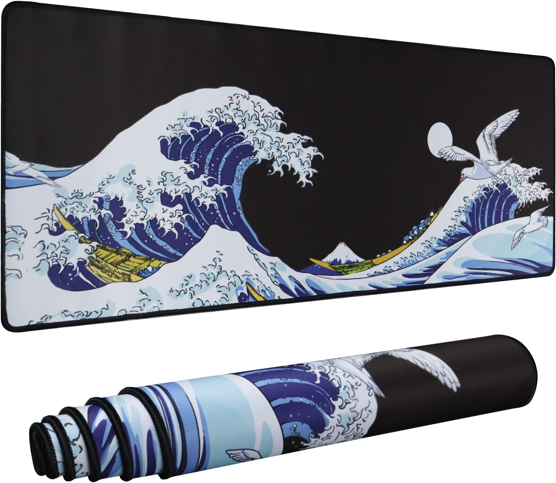 XVX Large Gaming Mouse Pad, Sea Wave Full Desk Japanese Mousepad, Extended Non-Slip Water-Resistant Rubber Base Big Keyboard Mat, 31.5x11.8 Inch 3mm Thick XL,XXL Rubber Table Mat for Gaming and Office