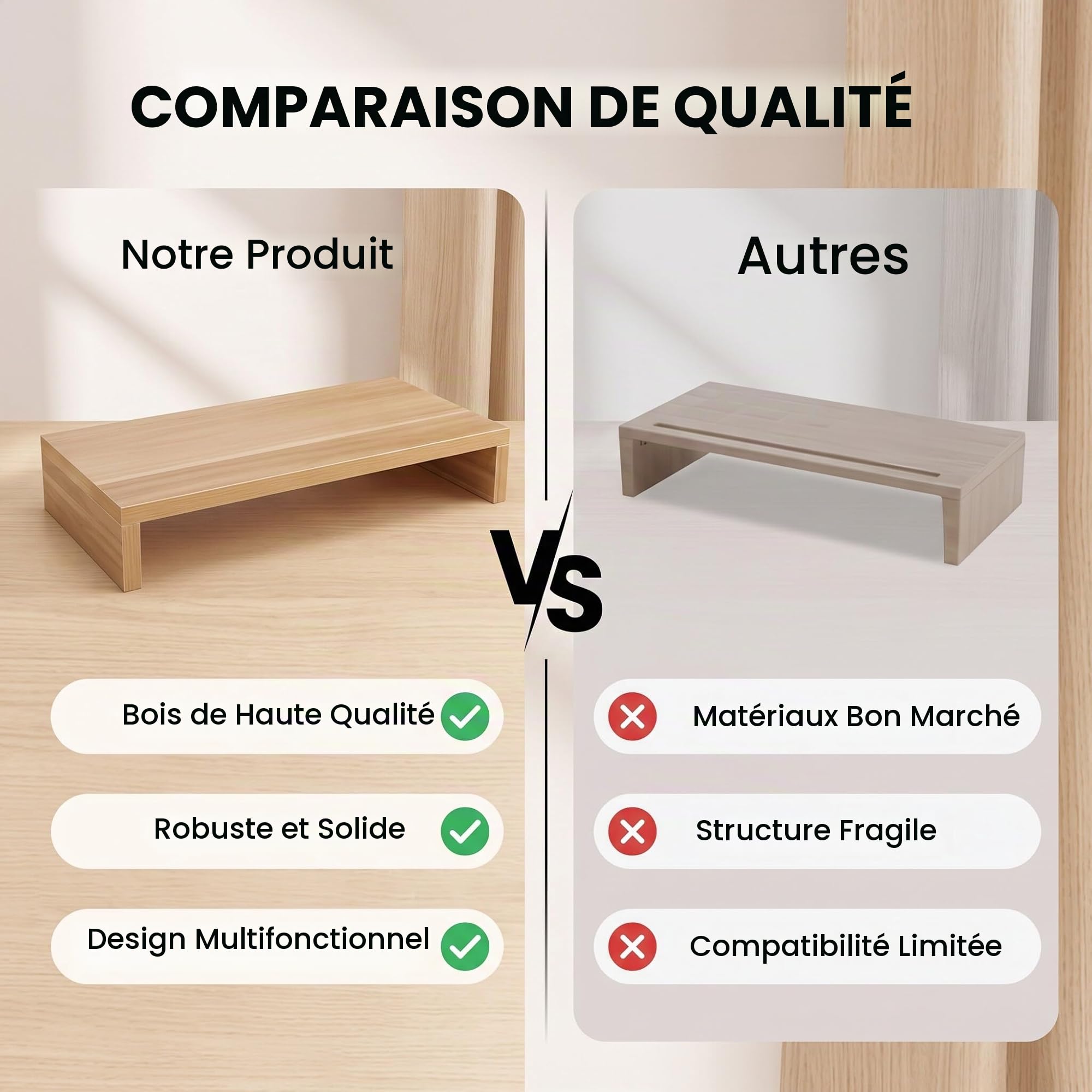 Wakects Support pour moniteur de bureau, support universel pour PC et ordinateur portable, support en bois, pour table de bureau, 50 x 20 x 7,7 cm