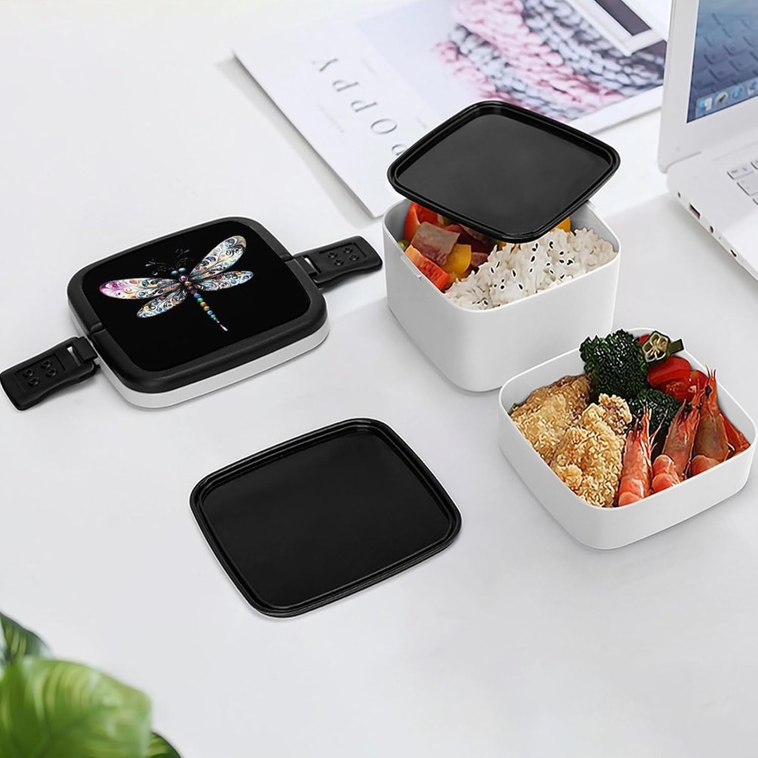Dragonfly Bento Box with Spoon 2 Layer Food Container Cute Lunch Box for Travel Dining Work
