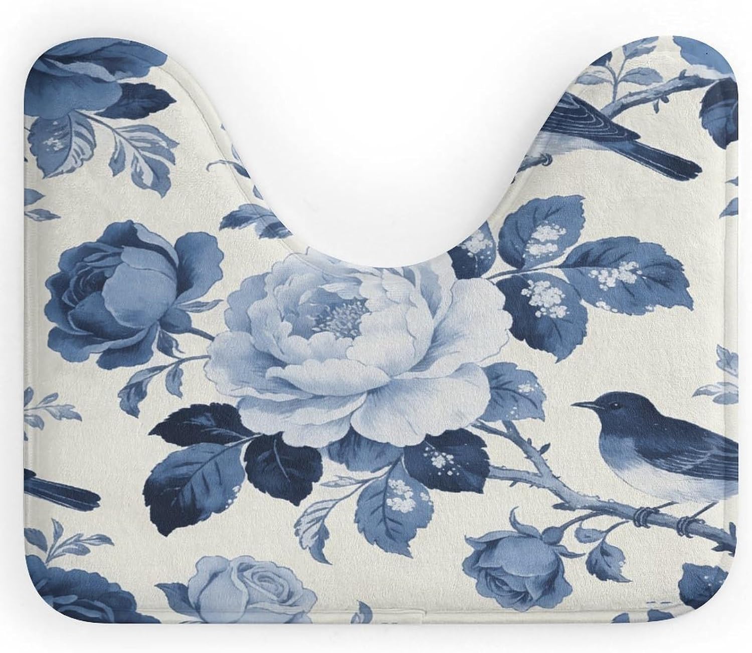 Toile Print Blue and White Toilet Rug U-Shaped,Ultra Soft Absorbent Coral Velvet Bath Mat Non Slip Extra Thick Contour Bathroom Rug for Toilet Base Bathroom Floor Decor, 20x16 Inch
