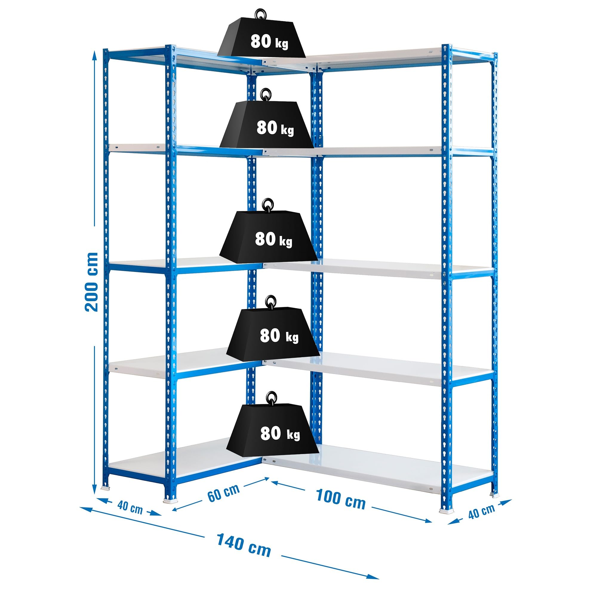 Simon Rack Estantería Metálica Esquina Almacenaje, Sin Tornillos, 10 Baldas, Alta Capacidad Carga 80 kg, 2000x1400x400 mm, Estantería Garaje Trastero Oficina, Azul/Blanco
