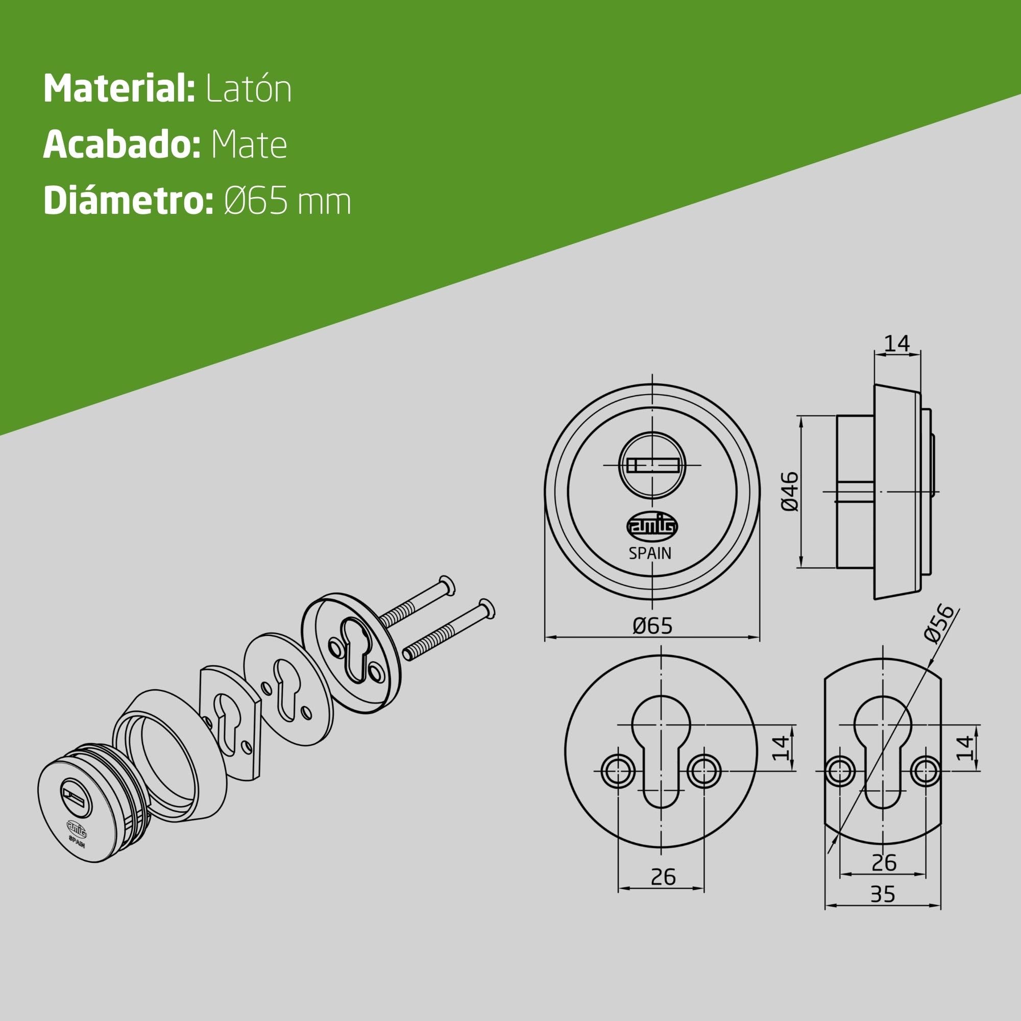 Amig - Escudo Redondo de Seguridad para Cerraduras Mod. 40 - Ø 65 mm - Con Placa Antitaladro y Tuercas Antirrobo - Anillo Exterior Macizo - Latón Acabado en Mate