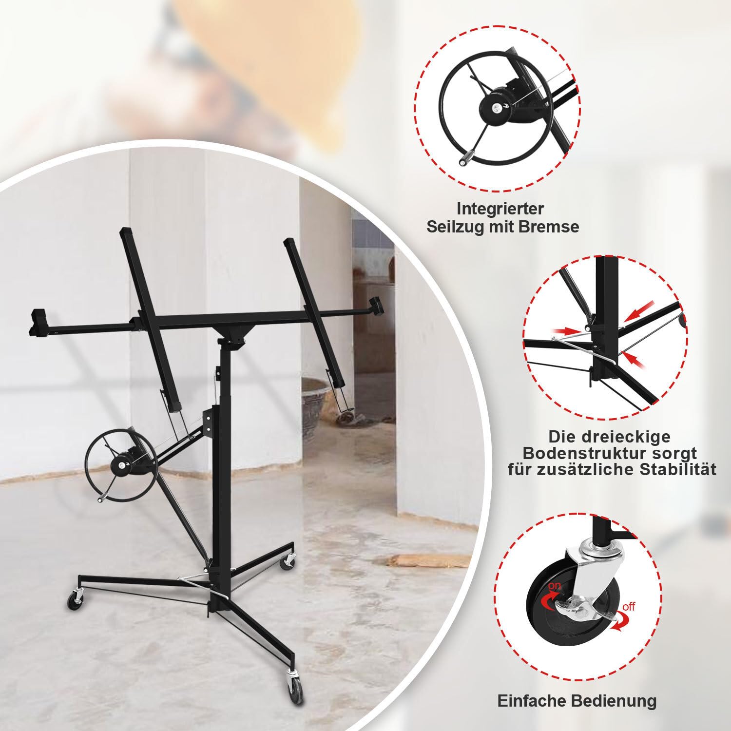 Plattenheber Klappbar XXL, 132–335 cm Arbeitshöhe Höhenverstellbar, 68 kg Traglast, max. 294 cm Lastarmbreite, Stabiler Profi-Plattenlift mit Rollen für Rigipsplatten & Trockenbau, Schwarz