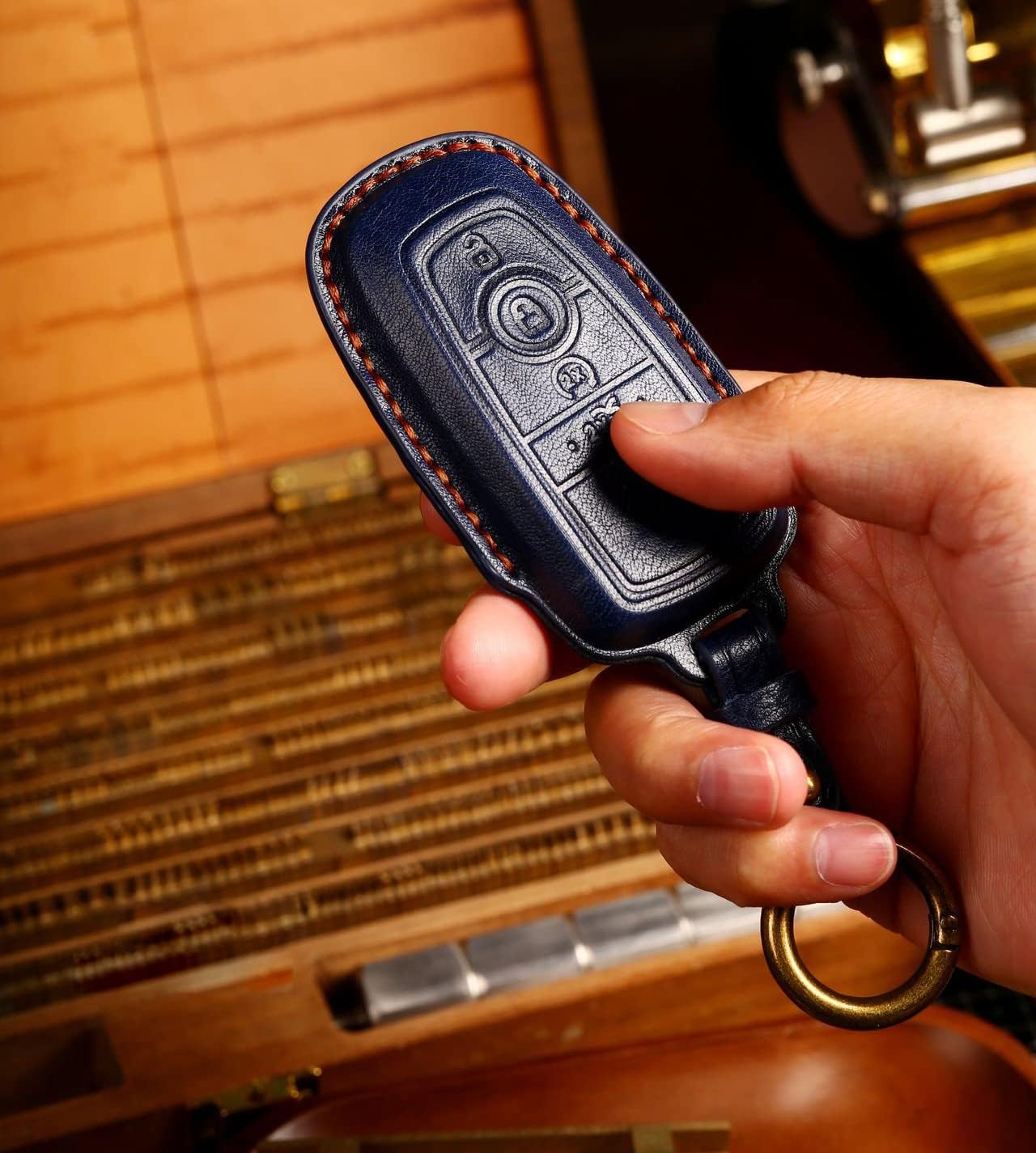ontto 3-Button Leather Key Holder Fit for Ford Mustang Fusion Explorer Escape Stylish Key Fob Cover Protector Red