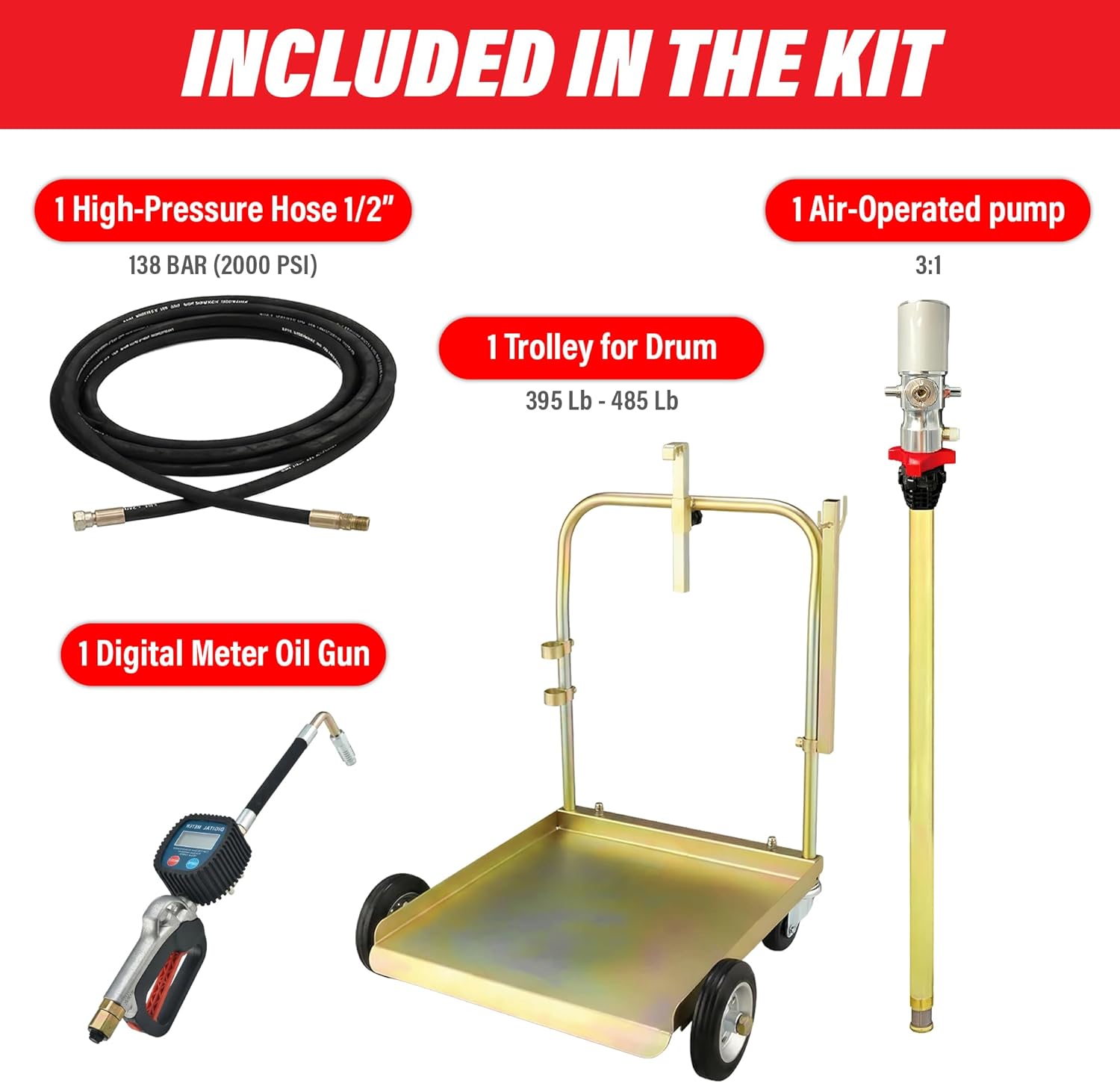 LAUCO 3:1 Air-Operated Oil Pump Kit – Digital Meter Gun, 13ft Hose, Mobile Drum Trolley & Regulator – Complete System for SAE240 Oil Transfer from 55 Gallon Barrels (Not for Gasoline or Diesel)