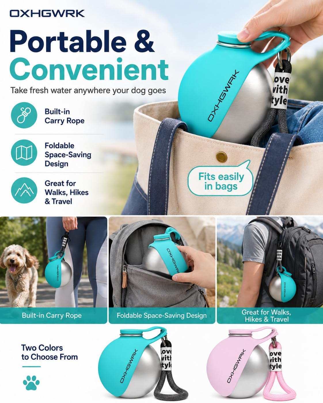 Portable Dog Water Bottle with Bowl, 2 in 1 10oz Stainless Steel Travel Water Bottle for Dogs, Foldable Silicone Bowl, Leak-Proof Water Dispenser for Walking Hiking Camping
