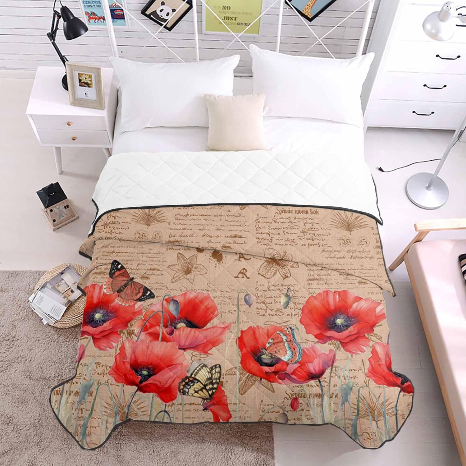 T&H XHome Quilt King Size Luxury Quilted Comforter Bedspread-Thin Soft Cozy, Poppy Red Vintage Poppy Flower Butterfly Reversible Stitched Lightweight Quilt Coverlet for All Season