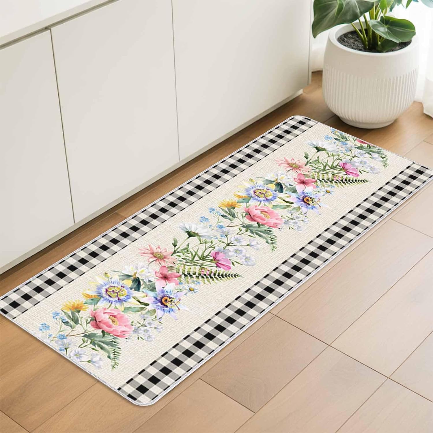 Spring Summer Floral Leaves on Linen Kitchen Rug and Mat,Washable Floor Mats Standing Cushioned Set of 2,Black White Plaid Slip-Proof Doormat Runner Rugs for Indoor Bathroom Laundry Sink