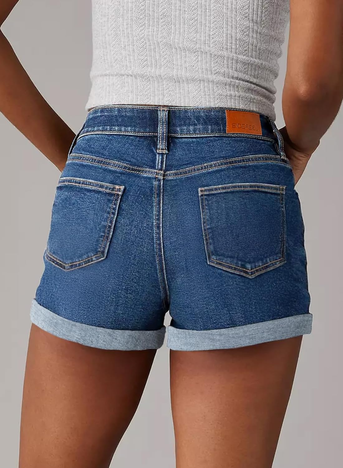Sidefeel Women's Jean Shorts High Waisted Stretchy Casual Rolled Hem Zimbaplatinum Denim Shorts - Image 2