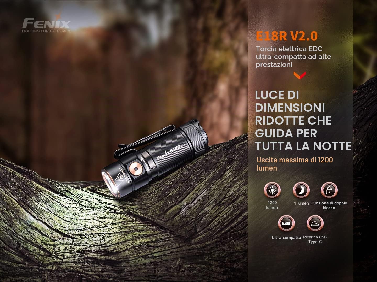 fenix E18R v2.0, mini torcia EDC ricaricabile | 1200 lumen | 146 m | 200 ore max | tappo posteriore magnetico | clip corpo bidirezionale | modalità chiaro di luna da 1 lumen | porta di ricarica USB-C